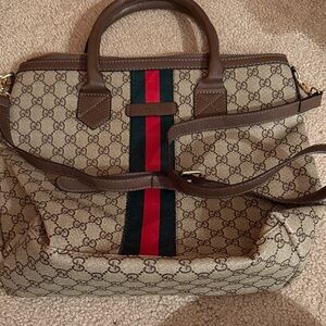 Faux Gucci Beige GG Supreme Canvas Duffel with Green and Red Web Stripe